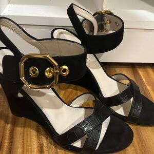 BRUNO MAGLI BLACK CROC-EMBOOSED KAMELIA SUEDE WEDGE HEELS